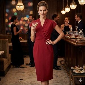 BAUKJEN V neck Elegant Red wrap front sheath midi Dress 8